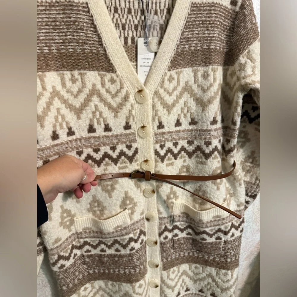 Olive & Oak Brown and Cream Geometric Sweater Dress With Belt, Sz XL - Picture 2 of 10